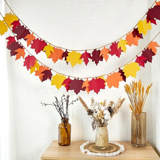 Fall Maple Leaves Garland Fall Decorations for Home Autumn Leaves HangingMaple Leaf Banner Orange Yellow Leaf Decor for Fall Harvest Thanksgiving Party Home Fireplace Wall Decor-2Pcs