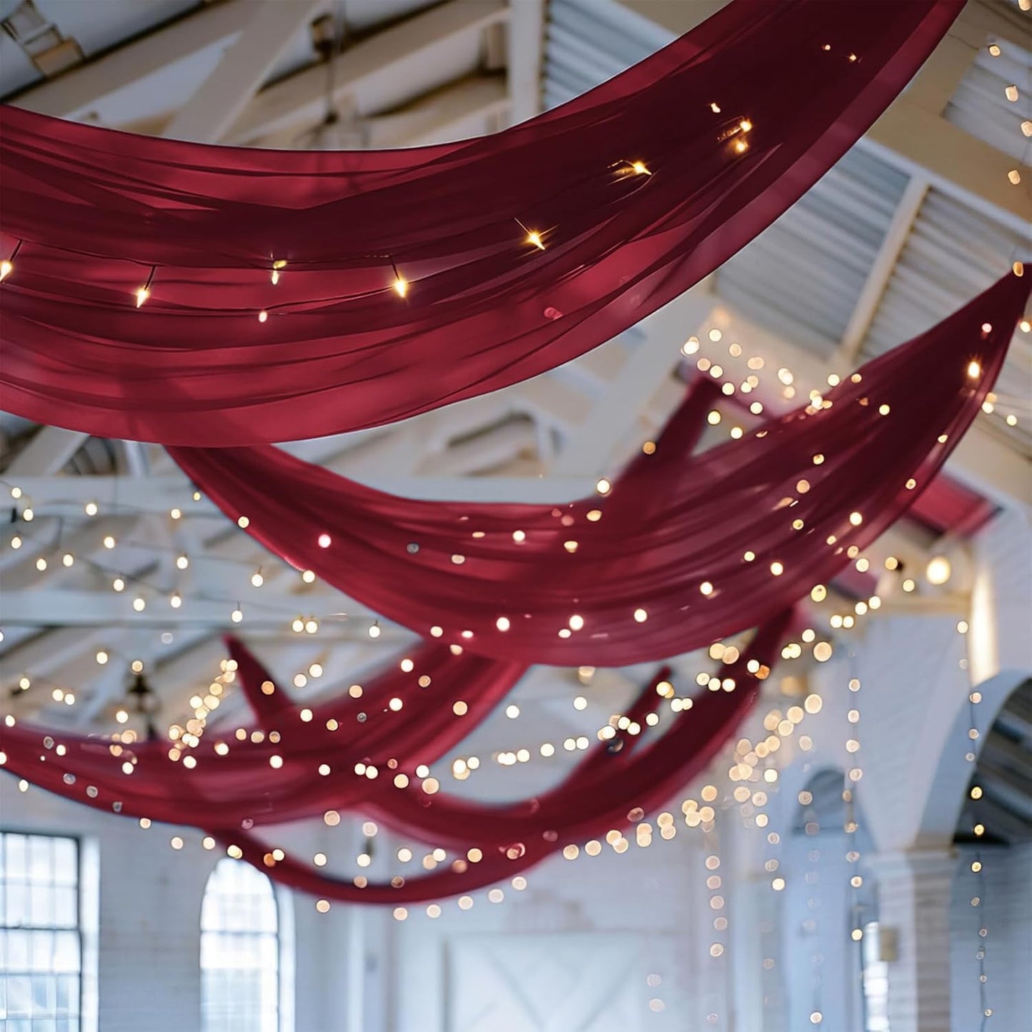 6 Panels Burgundy Ceiling Drapes for Wedding 5ftx30ft Chiffon Fabric Arch Draping Curtains Sheer Drapery for Party Ceremony Birthday Baby Shower Reception Stage Swag Ceiling Decorations