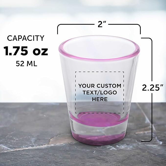 DISCOUNT PROMOS Custom Shot Glasses 1.75 oz. Set of 10/50/100, Personalized Bulk Pack - Great for Wedding Favors, Bachelorette Decorations, Party Favors - Pink Bottom Color