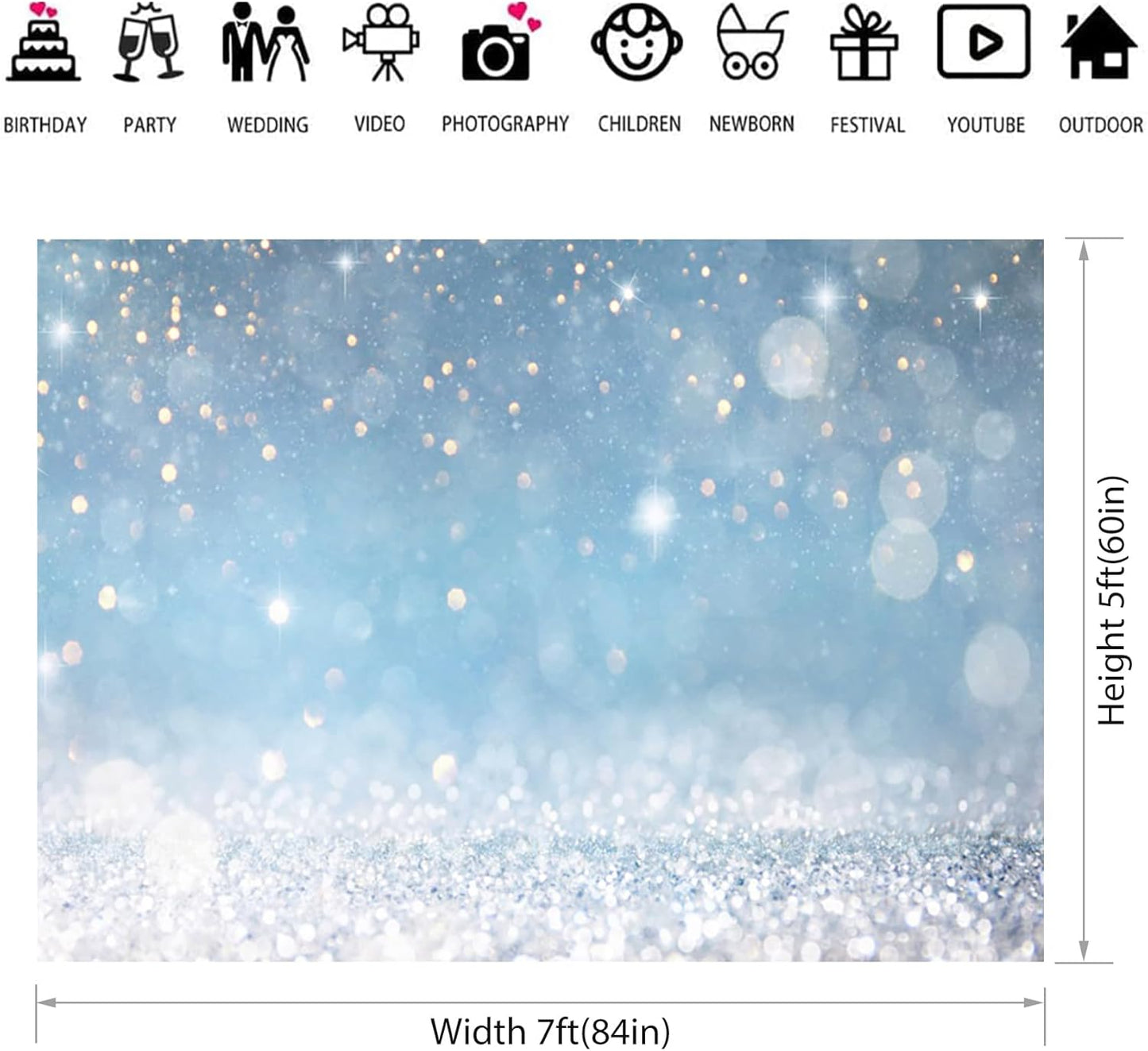 7x5ft Blue Bokeh (Not Glitter) Backdrops Birthday Party Abstract Golden Sparkling Spots Photography Background Baby Shower Wedding Prom Graduation Party Bokeh Decor Banner Photoshoot Props