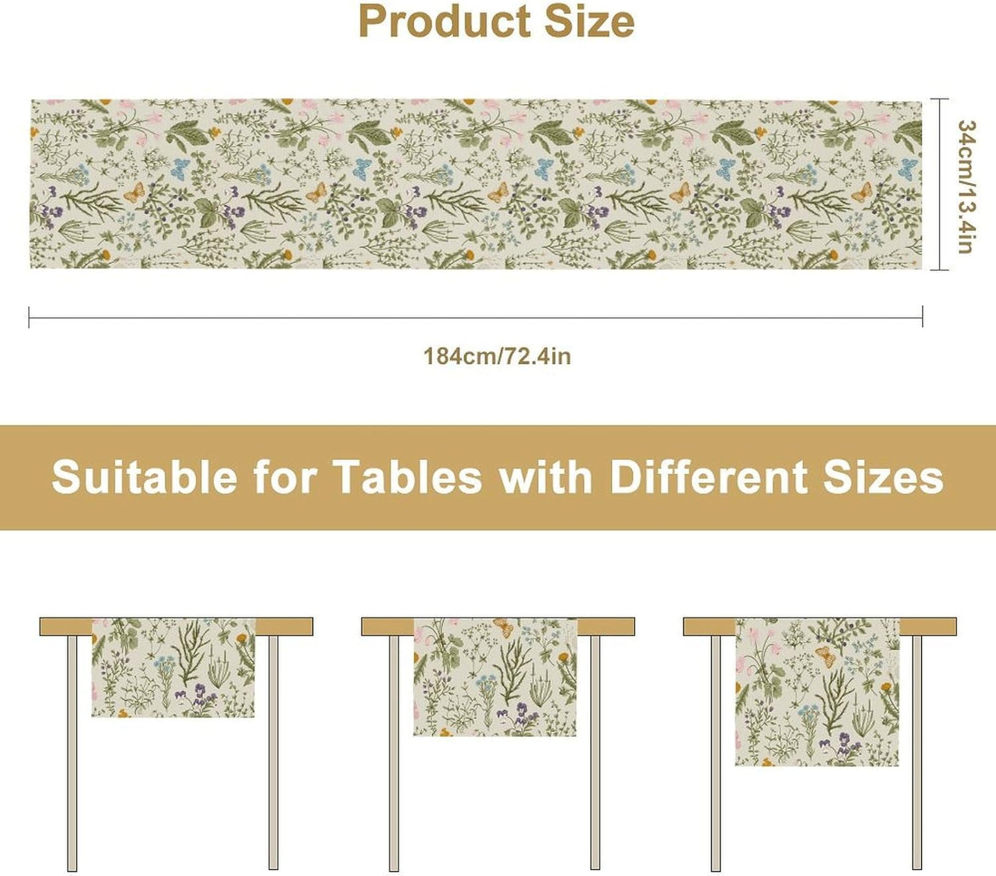 Wildflowers Floral Table Runner, Retro Flower Butterfly Seasonal Spring Summer Kitchen Dinning Table Runner for Indoor Outdoor Home Wedding Party Holiday, 13x36 Inch
