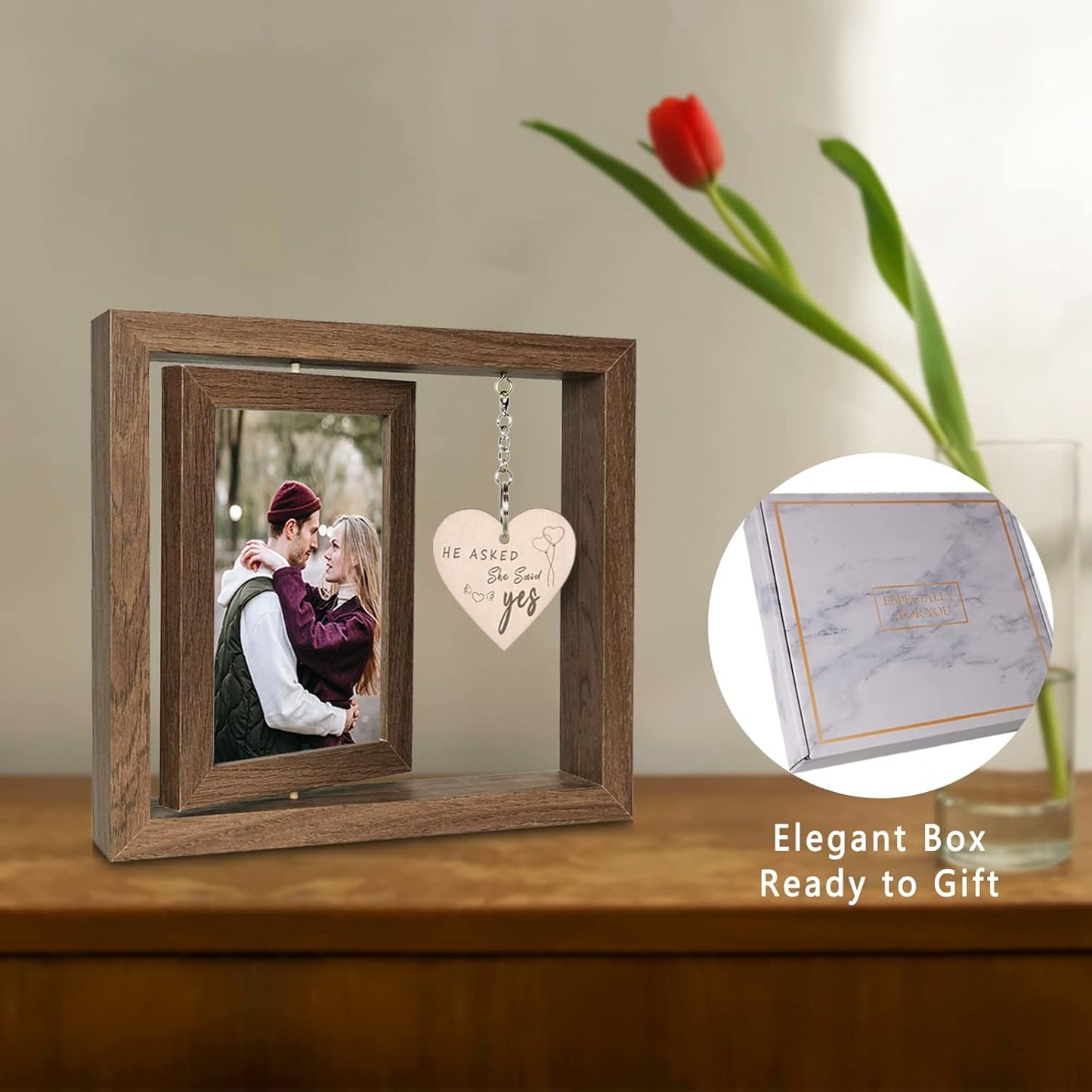 He Asked She Said Yes Engagement Gift Picture Frame, Wood Engagement Gifts for Couples Newly Engaged Unique, Display Two 4x6