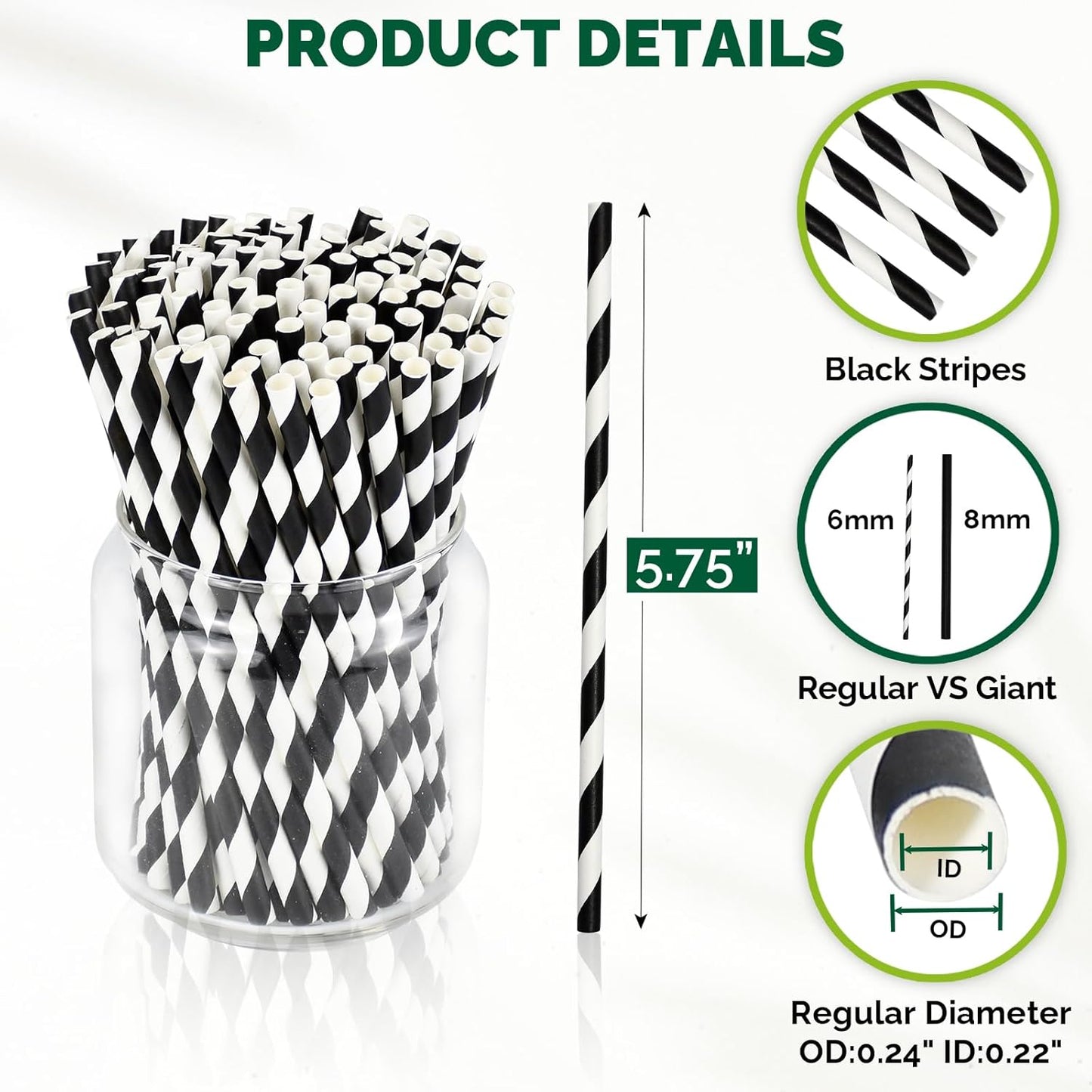 [500 Counts] Chunspak 5.75 inch Eco-friendly Disposable Short Paper Drinking Straws Bulk for Cocktail, Mixed Drinks - Black White Striped