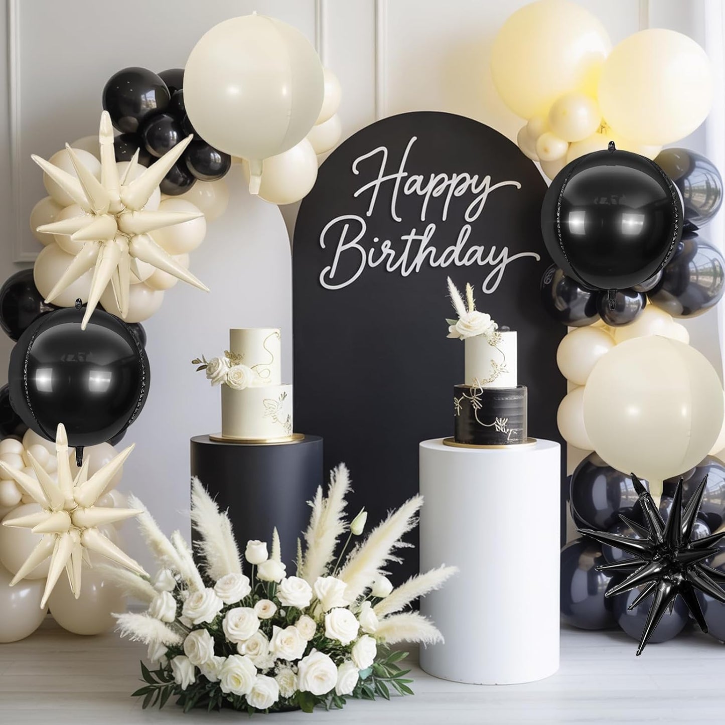 6Pcs Black White Foil Balloons,22Inch Sand White Black 4D Round Ball Balloon and Explosion Star Balloon for Birthday Wedding Baby Shower Anniversary Decorations