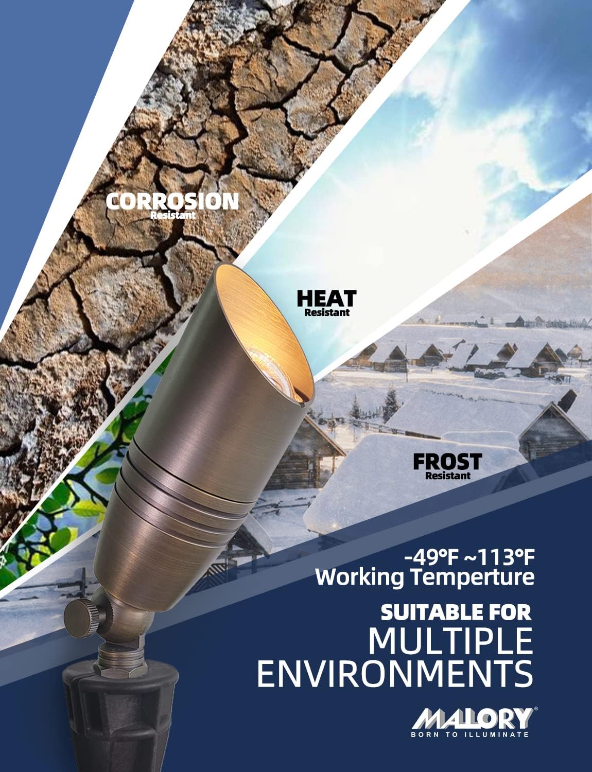 MALORY Brass Landscape Spot Lights 1-Pack Without Bulb(S02), Low Voltage 12V AC/DC Outdoor Spotlights for Yard,Landscape Lighting for Garden and Patio,PVC Ground Stake and Wire Connector Included