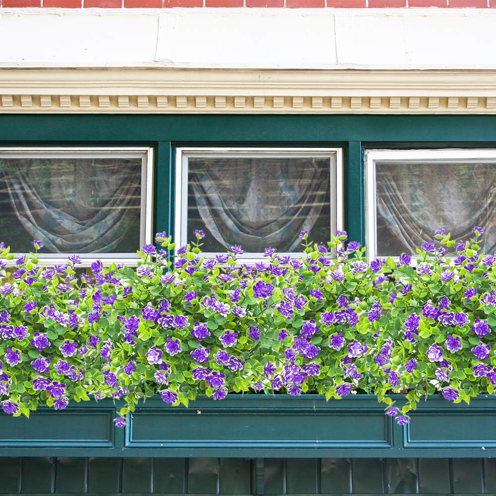 10 Bundles Artificial Fake Flowers, Faux Outdoor Plastic Plants UV Resistant Shrubs Outside Indoor Decorations (Blue-Eucalyptus)