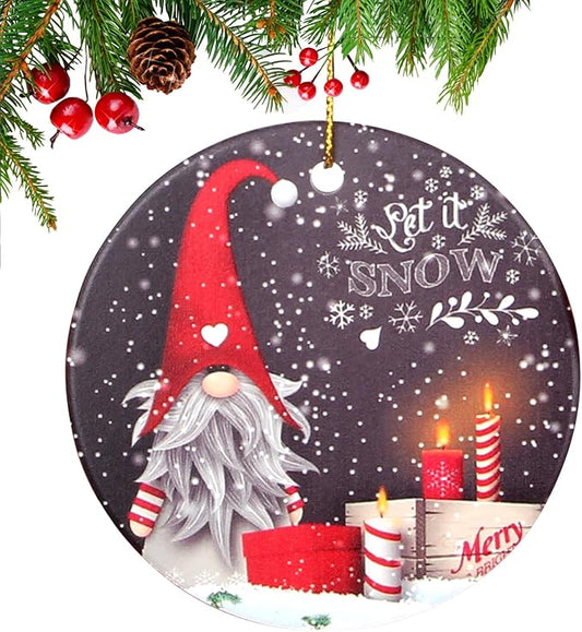 Mini Christmas Tree Ornaments Decorated Gnome Christmas Ornament Ceramic Xmas Tree Decorations Gift Cute Small Round Unique Snow Ornaments