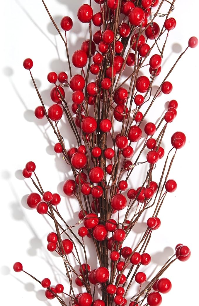 LampLust Lighted Garland, 6 Ft Red Berry Garland, 100 LED Lights, Spring Garland for Mantle All Year Round, Battery Powered, Timer Included, Farmhouse Decor, Table Top Decor for Dining Room