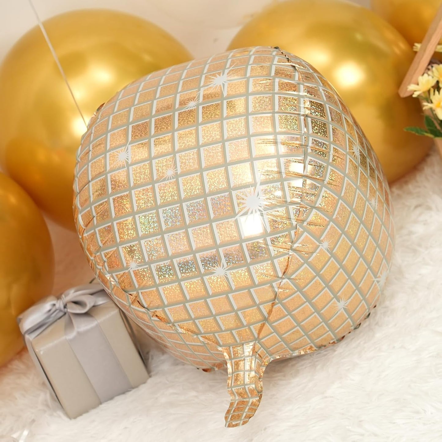 Disco Ball Balloons 4PC,Foil Disco Balloons 22 Inch 4D Round White Gold Balloon for 70s 80s Birthday Bachelorette Graduation Decorations