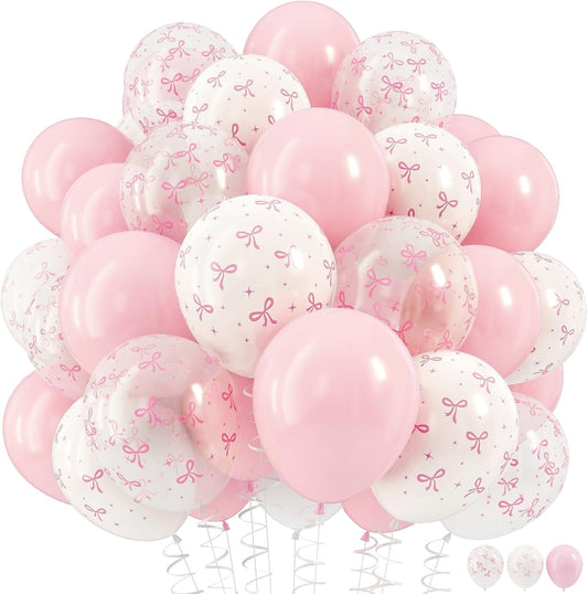 Pink Bow Balloons, 12 Inch Pastel Light Pink Transparent White Bow Print Coquette Balloon for Girls Women Birthday Bachelorette Party Bridal Baby Shower Wedding Anniversary Decorations Supplies
