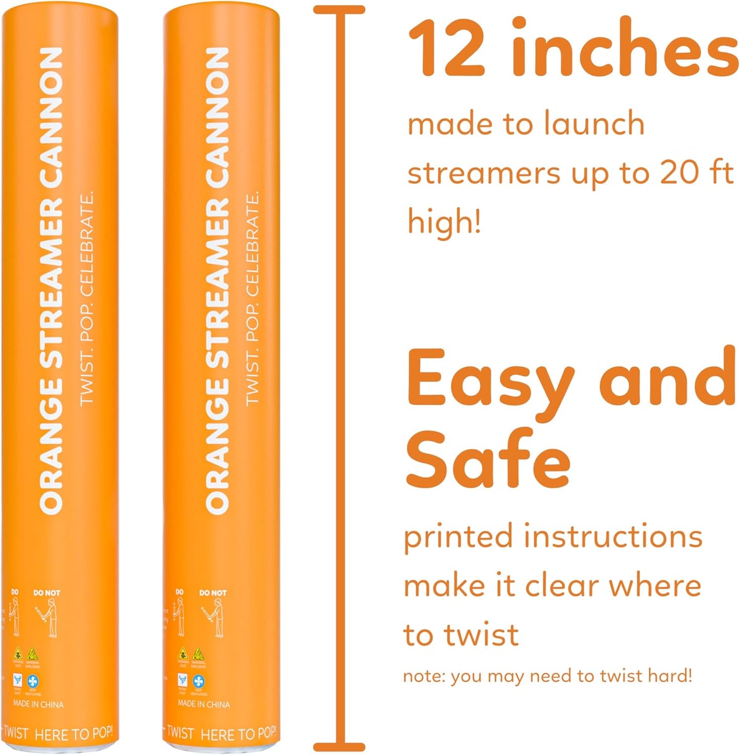 2 Pack Streamer Cannon Confetti Poppers | Biodegradable Orange Confetti | TUR Party Supplies | Launches Up to 25ft | Giant (12 in) | Party Poppers for Graduation, Birthdays, Weddings, and Memorial Day