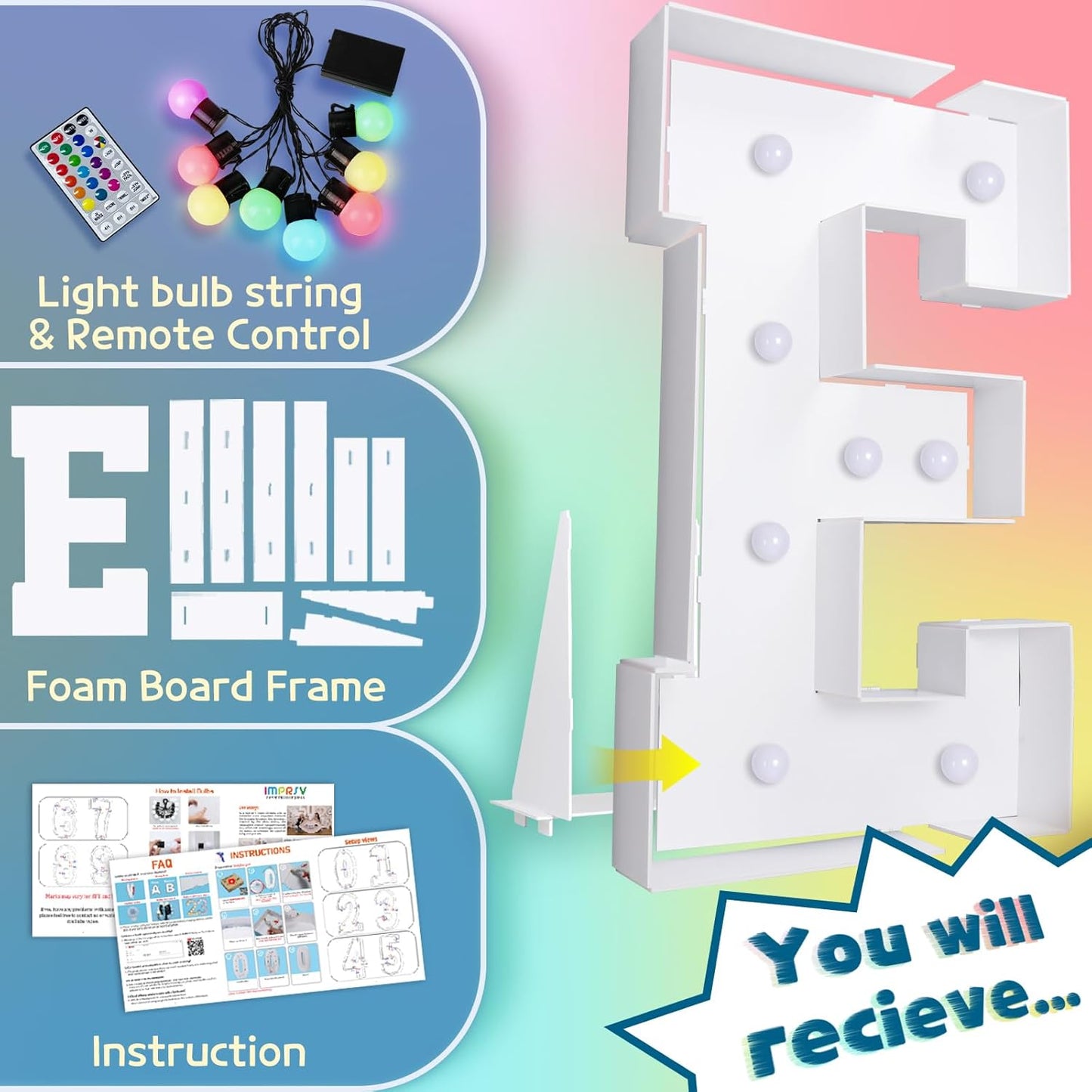 imprsv 3FT Colorful Marquee Light Up Letters E, 18 Colors Large Light up Letters Alphabet Sign with Remote, Big Marry Me Sign, Birthday Party Decorations Baby Shower Anniversary Wedding Decoration