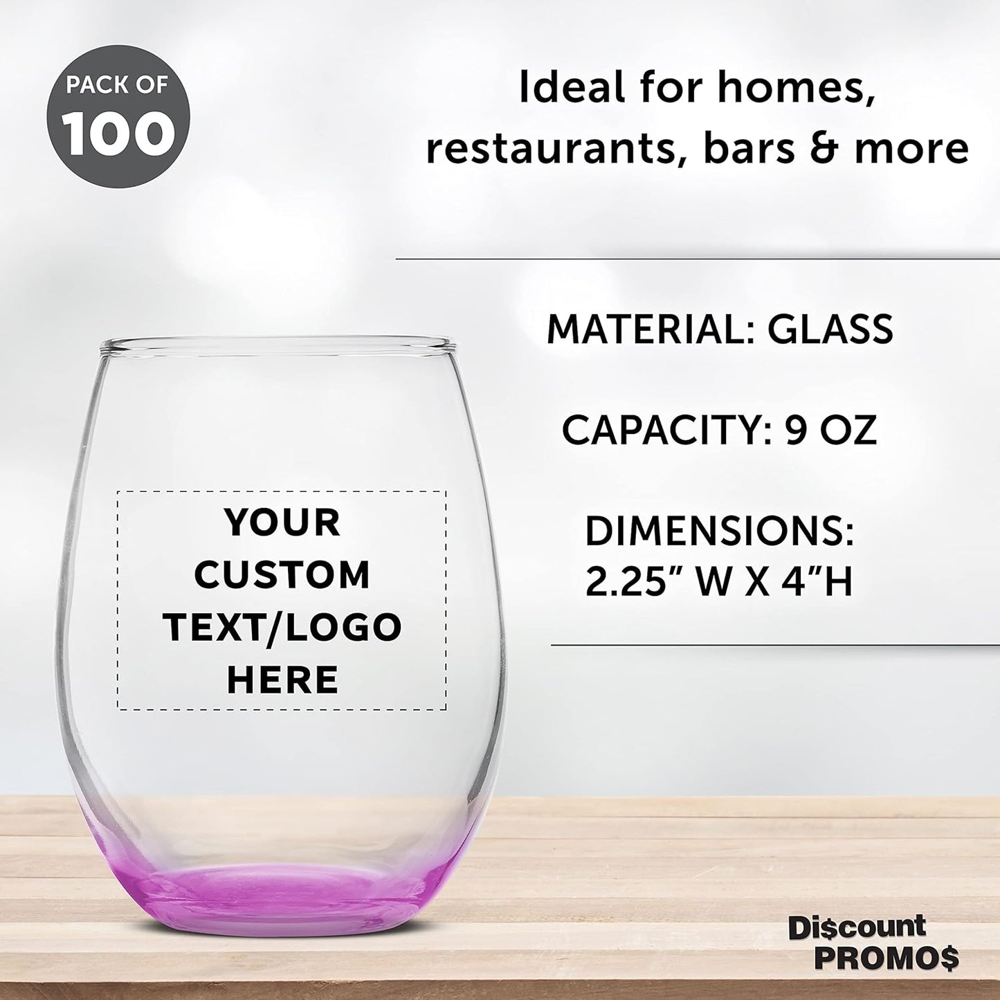 Custom Stemless Wine Glass 9 oz. Set of 100, Personalized Bulk Pack - Great for Wedding Favors, Bachelorette Party Decorations, Party Favors, Color Bottom - Pink