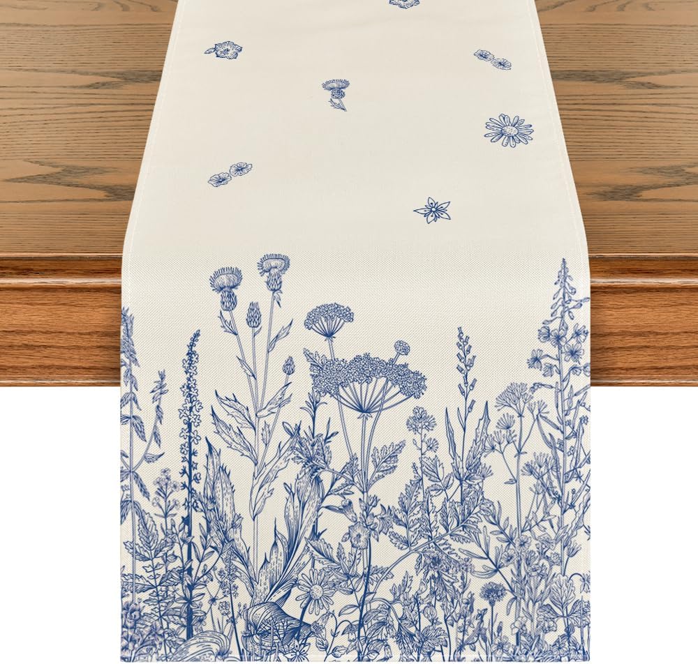 Artoid Mode Blue Antique Herbs and Wild Flowers Spring Table Runner, Seasonal Summer Kitchen Dining Table Decor for Home Party Decor 13x72 Inch