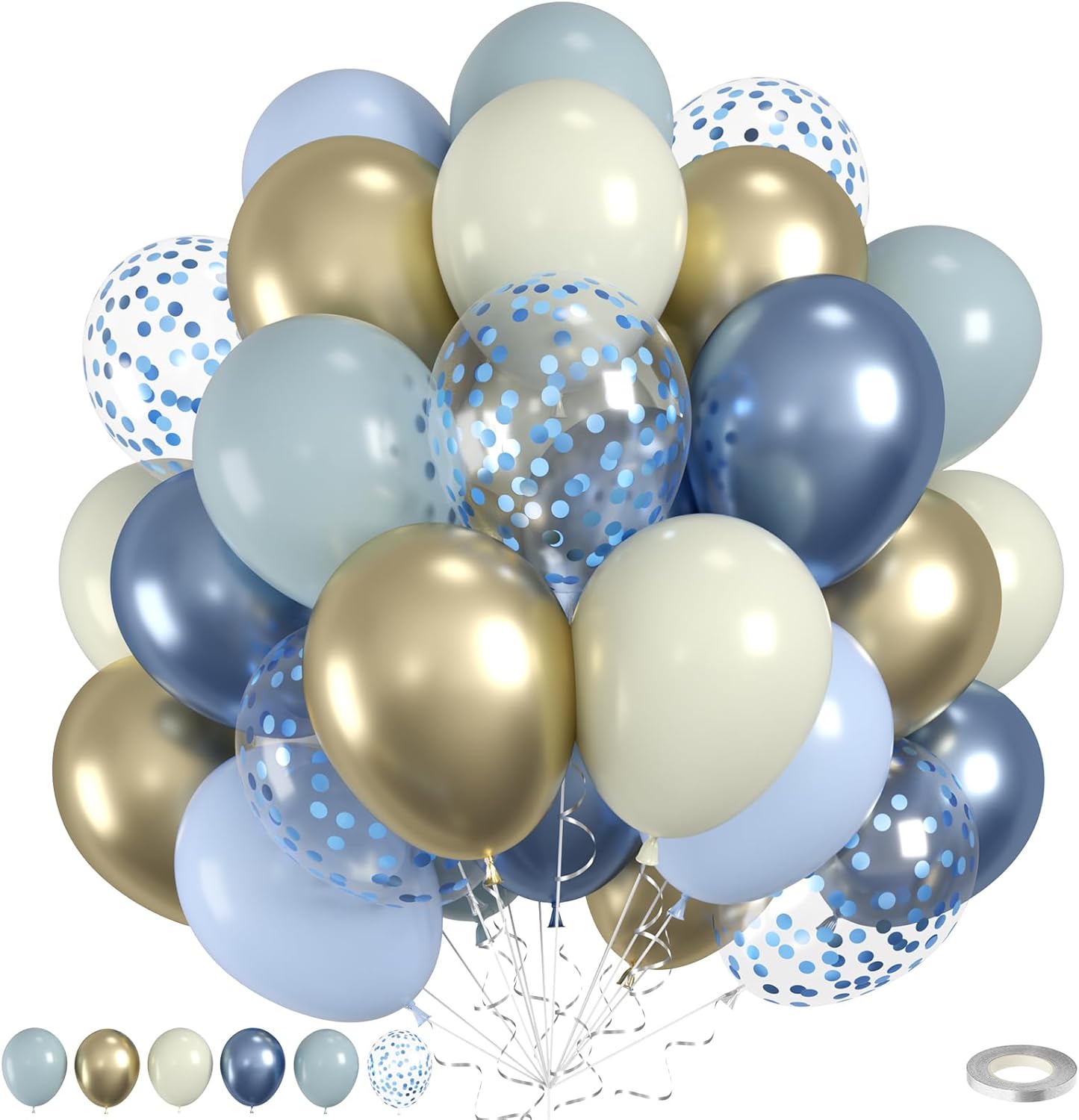 Dusty Blue Balloons, 60pcs Gold And Blue Balloons, Metallic Champagne Gold Balloon Confetti Balloon For Birthday Baby Shower Father's Day Retirement Graduation Anniversary Party Wedding Decorations