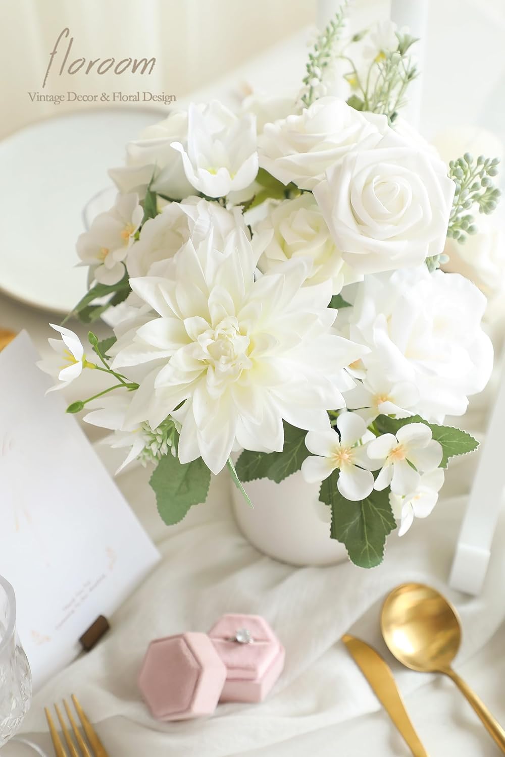 Floroom Ivory White Artificial Flowers Fake Roses Peonies Dahlia and Greenery Combo Box Set for DIY Wedding Bouquets Bridal Shower Centerpieces Floral Arrangements Party Tables Home Decorations