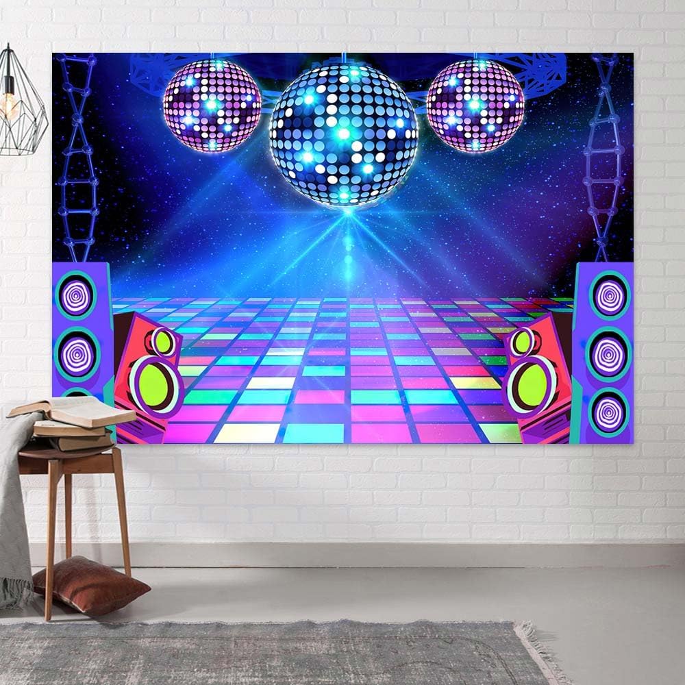 Dance Party Backdrop Retro 80s 90s Theme Stage Dance Ball Music Birthday Party Decoration DJ Photography Background 10 x 8 ft for Baby Shower Picture Photo Shoot Polyester Fabric, Blue