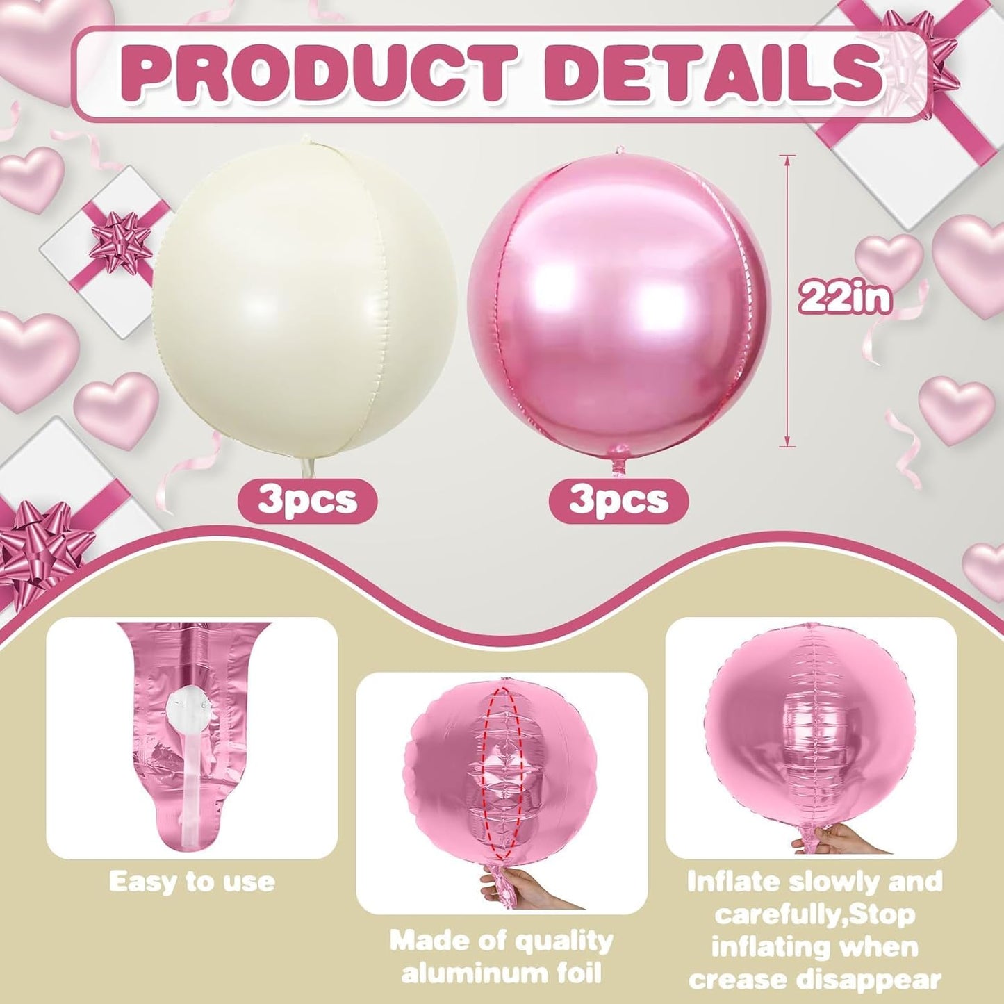 6Pcs Pink Cream White Round Foil Balloons,Giant 4D Round Ball Balloon,22 Inch Metallic Pink Cream White Balloons for Birthday Wedding Baby Shower Party Decorations