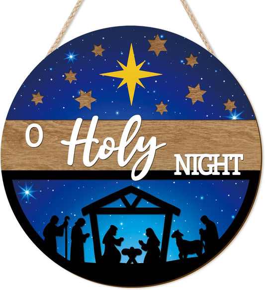 CHDITB 3D O Holy Night Jesus Christmas Front Door Sign(12"x12"), Wooden Nativity Scene Christian Decoration Wall Hanging, Rustic Religious Winter Holiday Decor for Home Indoor Outdoor