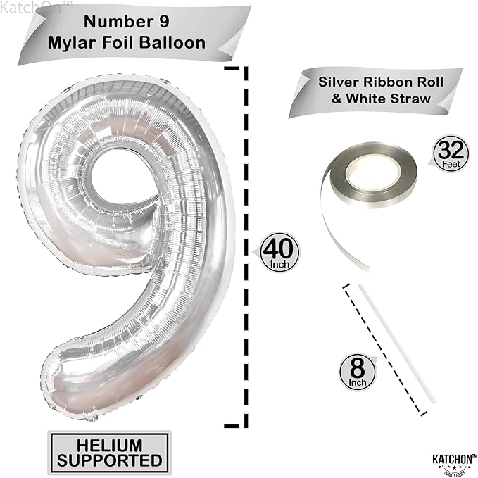 KatchOn, Giant Silver Number 9 Balloon - 40 Inch | Foil 9 Birthday Balloon for 9th Birthday Decorations | 9th Anniversary Decoration | Silver Party Decoration