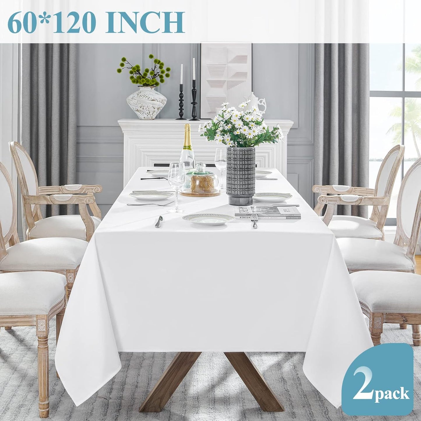 VidaFete Tablecloth 60 * 120inch 2pack Rectangle Table Cloth Polyester, Stain Wrinkle Resistant Dining Table Cover for Kitchen Dinning Party Wedding Rectangular Tabletop Buffet Decoration(White)