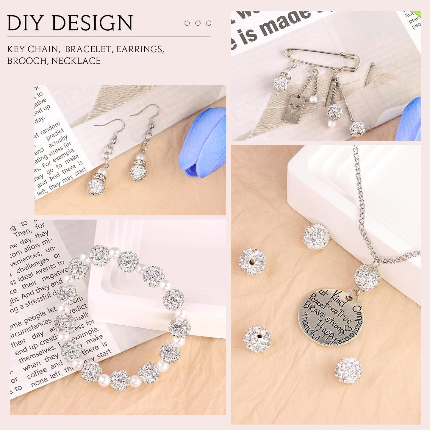 100 pcs 10mm Rhinestone Beads for Jewelry Making Crafting, White Shiny Round Disco Baseball Necklace Beads for DIY Shamballa Sparkle Crystal Clay Christmas Bracelet Earring