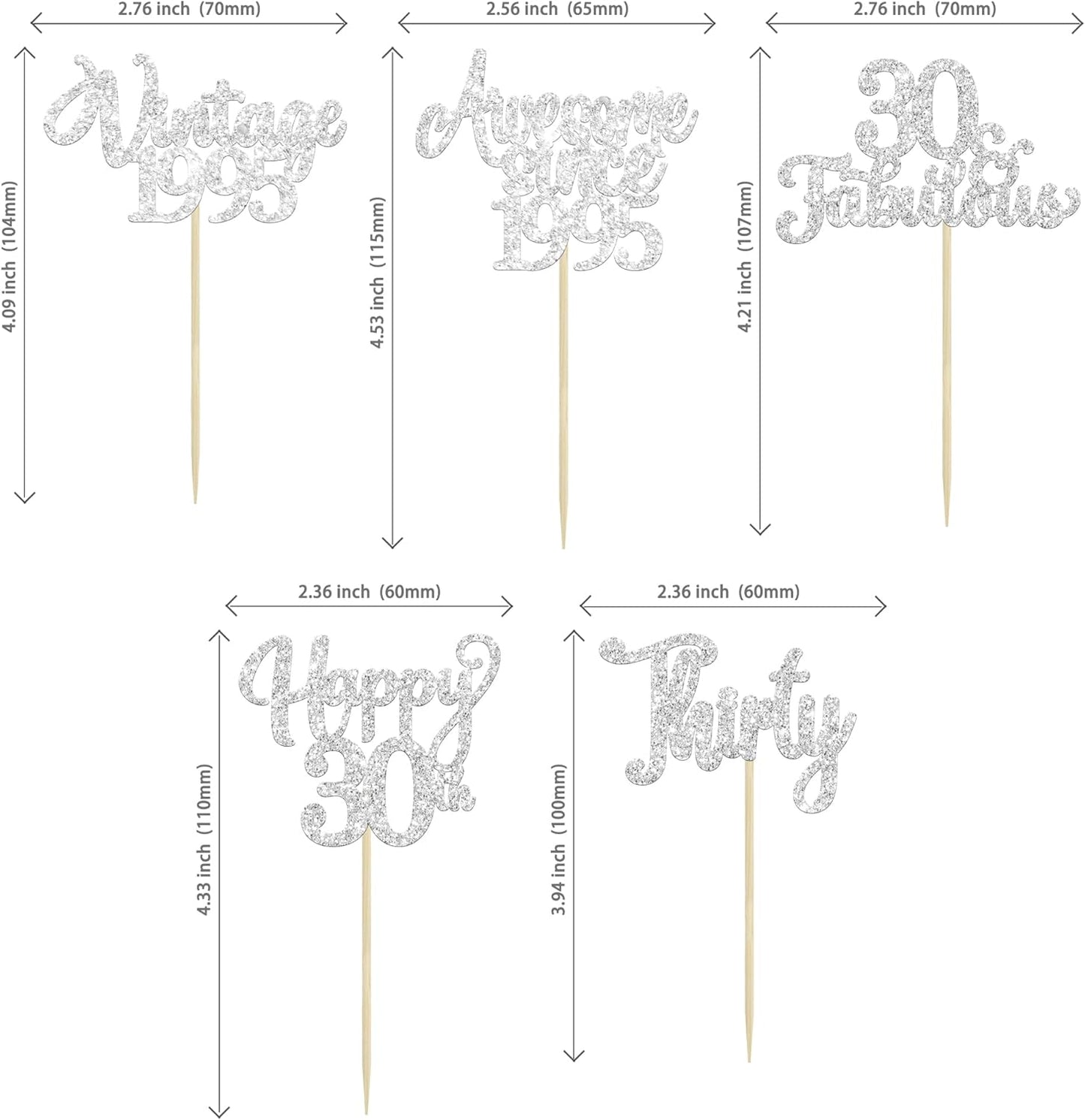 30Pcs Happy 30th Birthday Cupcake Toppers Glitter Thirty Vintage 1995 Cupcake Picks Cheers to 30 Fabulous Cake Decorations for 30th Birthday Wedding Anniversary Party Supplies Silver