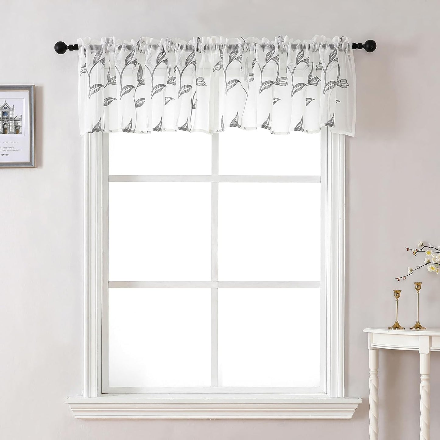 VISIONTEX Sheer Voile Curtain Valances, Decorative Leaves Embroidered, Rod Pocket Window Treatment for Kitchen/Rustic Bedroom/Living Room (54 x 16 Inch,1 Panel)