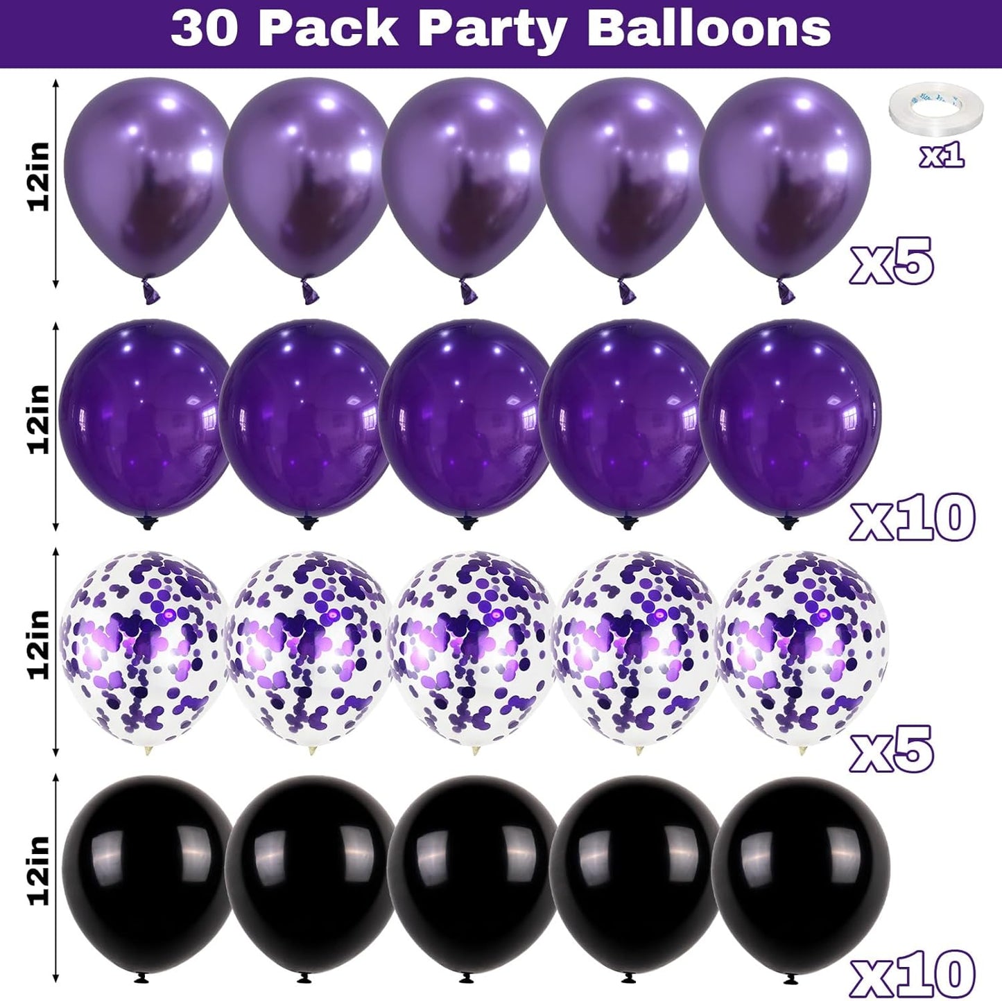 Purple and Black Balloons, 12 Inch Metallic Purple Black Party Balloons Confetti Latex Helium Balloon for Halloween Graduation Birthday Wedding Party Decorations