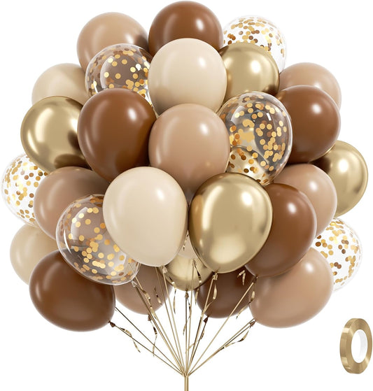 60pcs Brown and Gold Balloons for Neutral Bridal Shower, Birthday, Baby Shower Party Decorations - Light Sand White Confetti Balloons