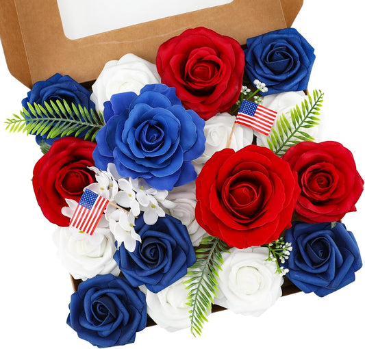 Floweroyal 4th of July Flowers Patriotic Flowers Fake Roses with American Flags for Independence Day, Memorial Day, Floral Arrangement, Table Centerpieces, Home Decorations (Red, Blue, White)