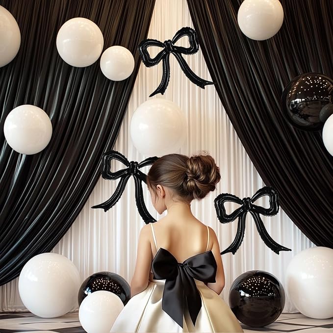 4pcs Black Bow Foil Balloons Bow Mylar Balloon Set for Coquette Birthday, Bridal Shower, Bachelorette Party, Martini Decor supply,Cheetah,Black and White Bow Theme Party Decorations