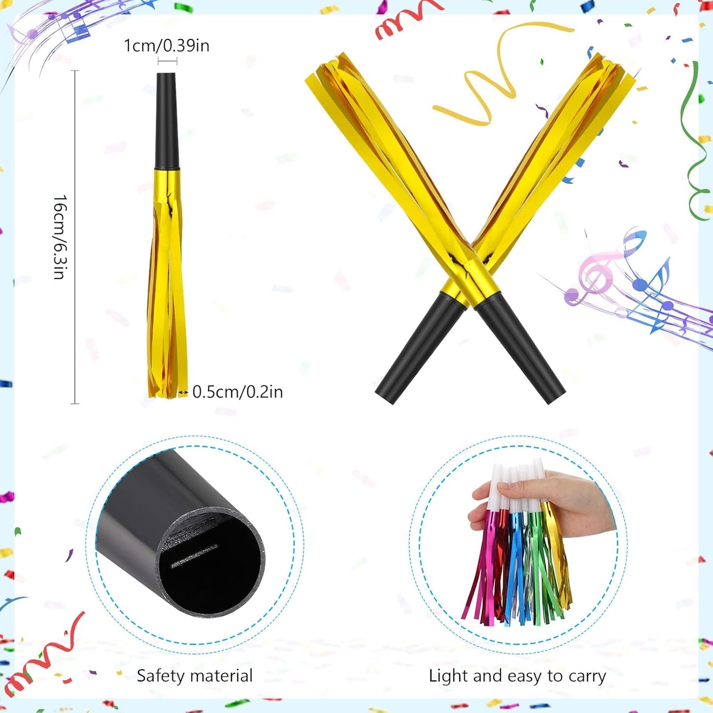 Metallic Fringed Noise Makers, 48 Pcs, Gold, Silver, for Noise Makers Party Favors, Baby Shower, Kids Birthday, New Year Party