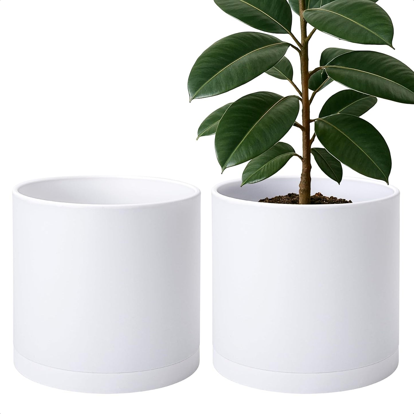D'vine Dev 2 Pack 12 Inch Modern Plastic Plant Pots, Cylindrical Garden Planters for Plants with Drainage Holes and Saucers, White, 74-Z-P-1