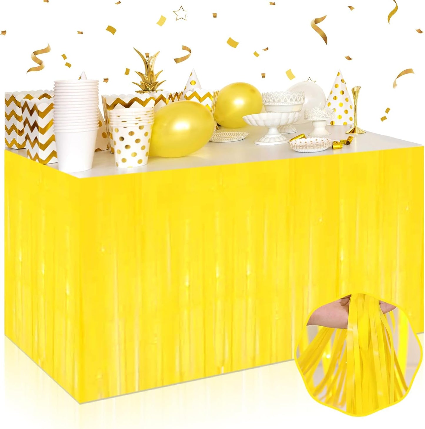 3 Pack 29 x108 Inch Macaron Yellow Foil Fringe Table Skirts Metallic Banner for Tinsel Streamer Garland Backdrop for Parade Floats Wedding Thanksgiving Birthday Christmas New Year Party Decoration