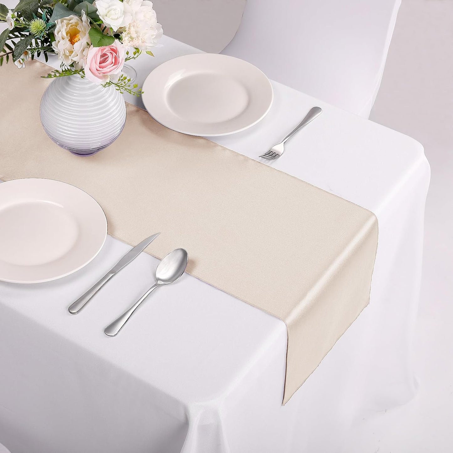 15-Pack Satin Table Runner Champagne 12 x 108 inches Long, Table Runners for Wedding, Birthday Parties, Banquets Decorations（15 Pack, 12x108 Inch, Champagne