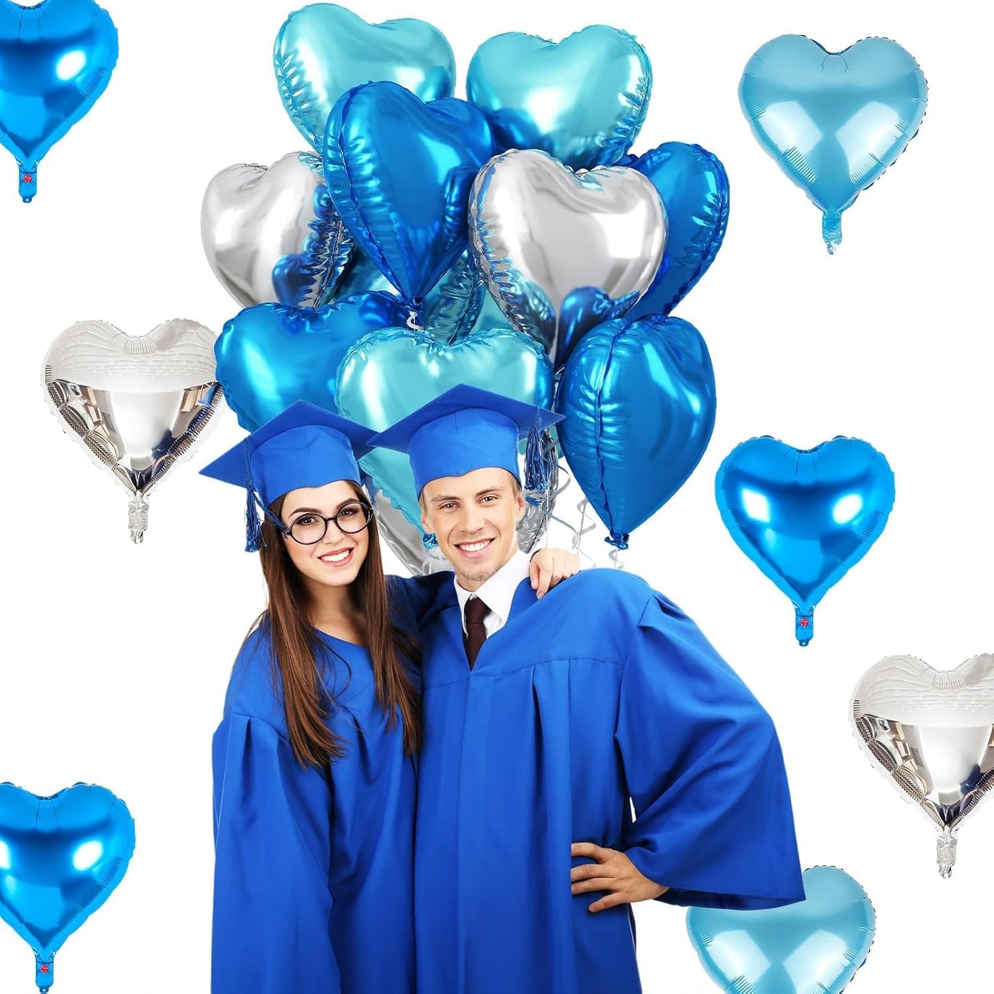 Royal Blue Silver Heart Foil Balloons, 18 Inch Royal Blue and Silver Heart Shape Foil Balloons Baby Blue and Silver Heart Mylar Balloons Party Decoration for Birthday Wedding Baby Shower Celebration