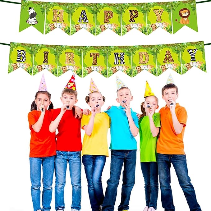 Safari Jungle Animal Birthday Party Decorations – 32 PCS Happy Birthday Banner, 18 Balloons, 12 Cupcake Toppers & 1 Cake Topper – Safari Party Supplies for Kids Boys Girls, Baby Shower, Zoo Theme