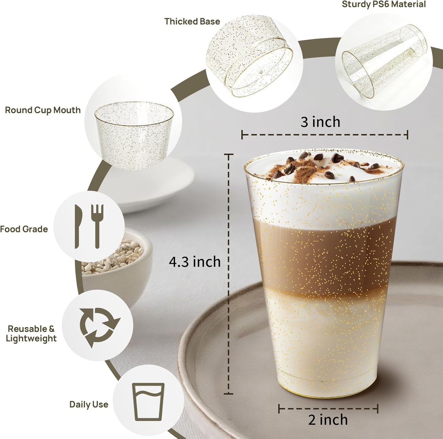 [100 Pack] 12oz Plastic Cups with Gold Glitter Sturdy & Food Safe Plastic Wine Glasses Disposable Cups Wedding Cups Party Cups Drinking Tumblers for Wine, Cocktails and Cold Beverages