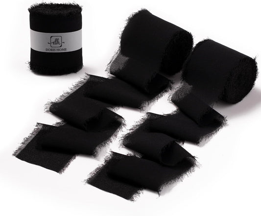 DORIS HOME Black Chiffon Ribbon for Flower Bouquet, 2" x21Yd Fabric Ribbon for Gift Wrapping, Handmade Frayed Ribbon for Wedding/Christmas Decorations