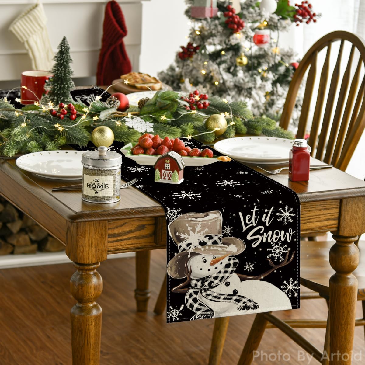 Artoid Mode Black Snowman Snowflake Let it Snow Winter Table Runner, Christmas Kitchen Dining Table Decoration for Home Party Decor 13x48 Inch