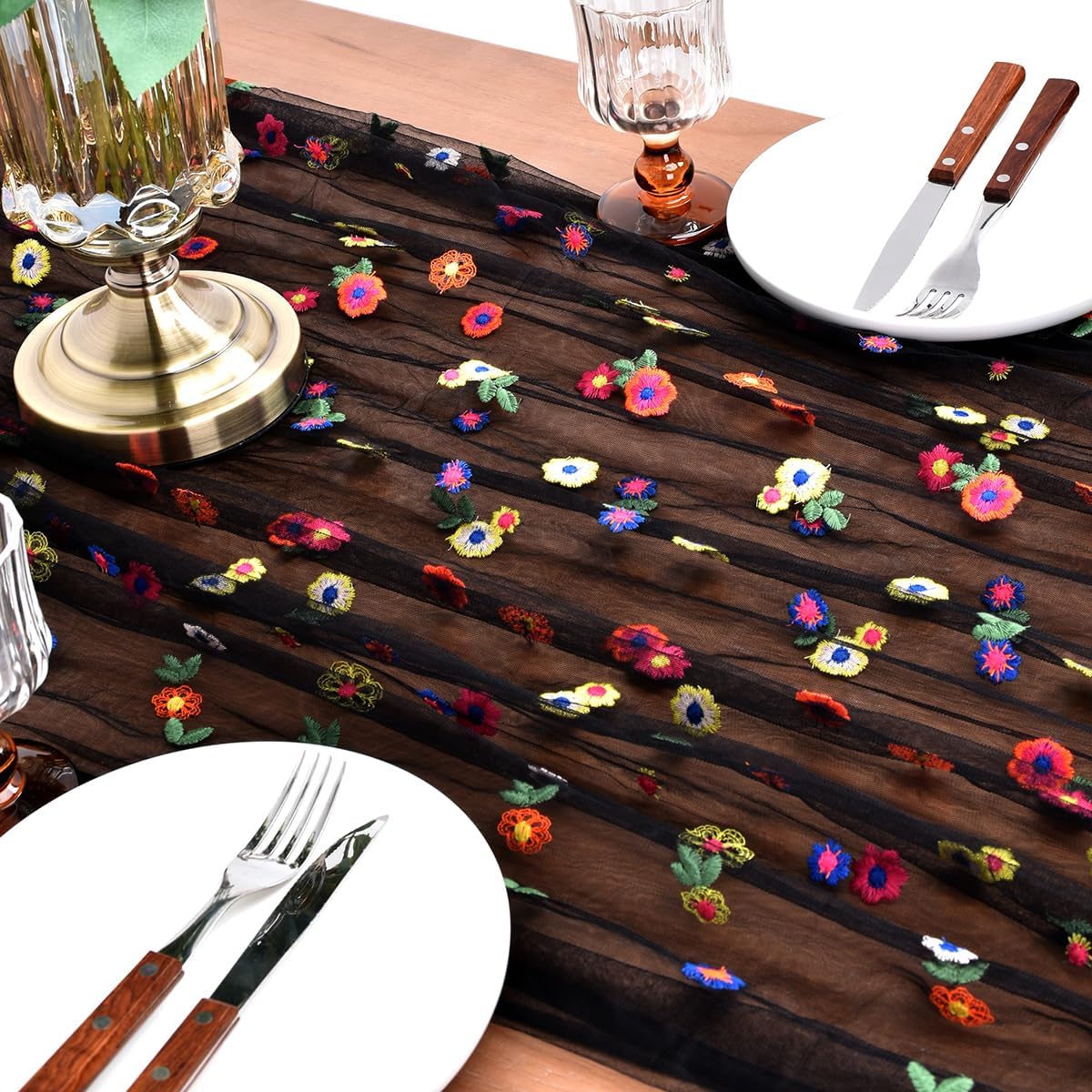 Joanlody 3pcs Black Embroidery Daisy Fall Thanksgiving Table Runner 10ft Florals Seasonal Tulle Table Runner Holiday Kitchen Dining Table Decoration for Home Party Indoor