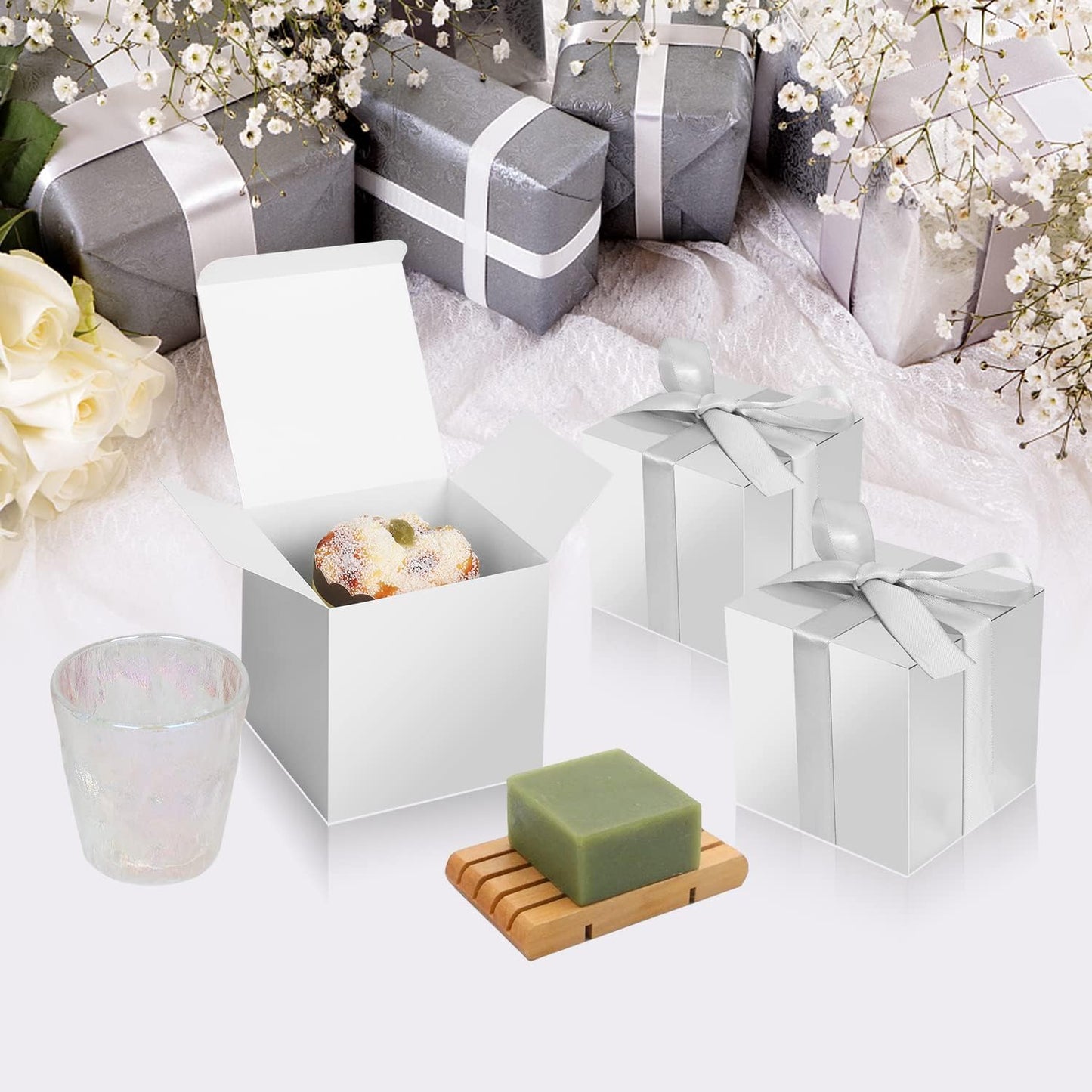 50 Pack Small Favor Boxes, 4x4x4 Silver Paper Gift Boxes with Lids for Presents, Crafting, Cupcake, Candy, Wedding Party, Bridal Shower, Baby Shower Favors