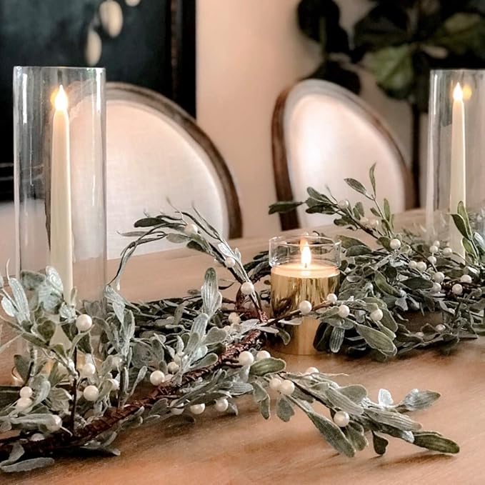 LampLust Lighted Garland Battery Operated, 6 Ft Frosted Mistletoe with Pearl Beads, 100 LED Lights & Timer, Spring Garland for Mantle All Year Round, Farmhouse Dining Table Decor, Spring Table Décor