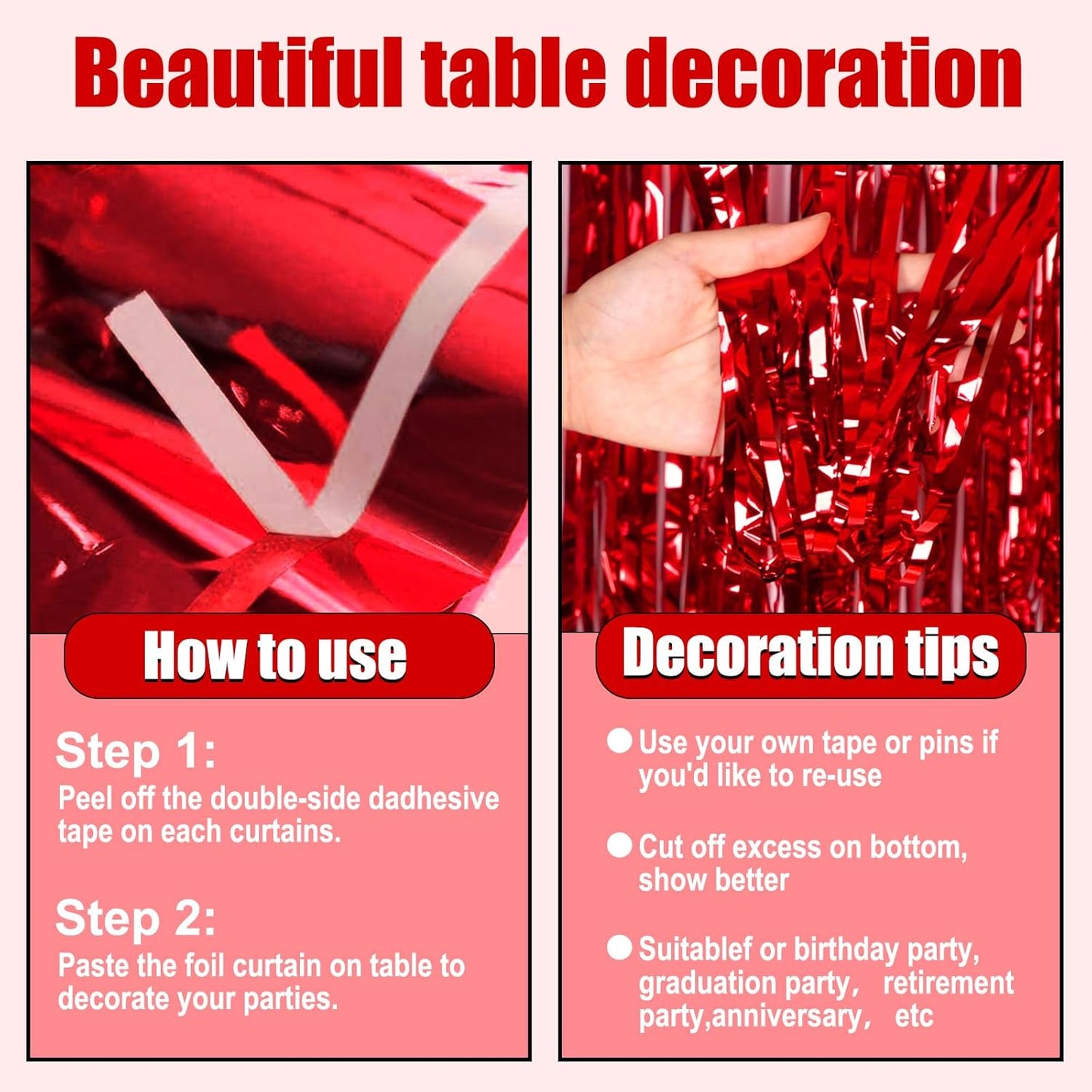 3 Pack 29 x108 Inch Red Foil Fringe Table Skirts Metallic Banner for Tinsel Streamer Garland Backdrop for Parade Floats Wedding Thanksgiving Birthday Christmas Halloween New Year Party Decoration