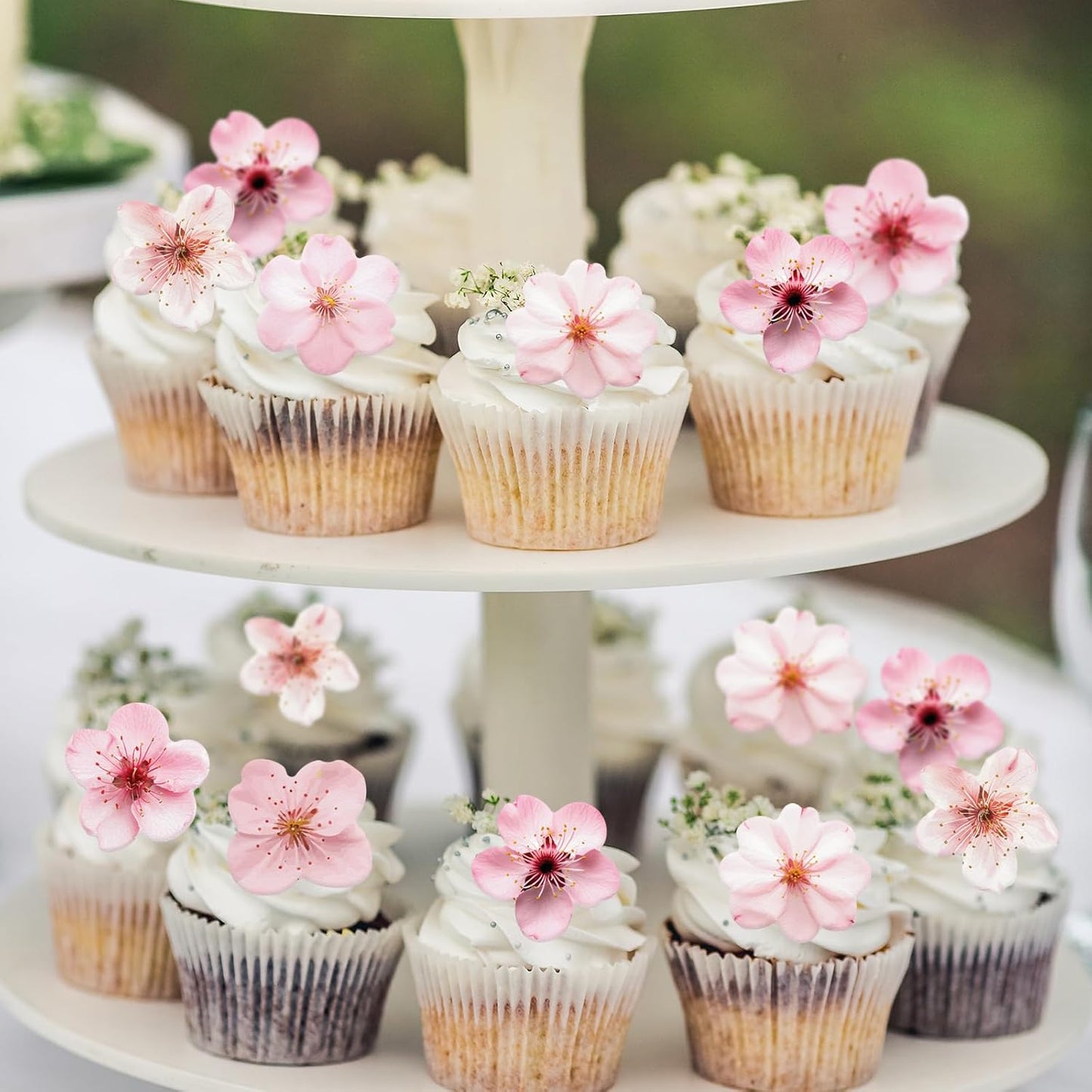 70PCS Edible Cherry Blossoms Cupcake Toppers Pink Edible Cherry Flowers Cake Decorations Wafer Paper Flowers Cupcake Topper for Flowers Theme Baby Shower Birthday Party Decor Supplies