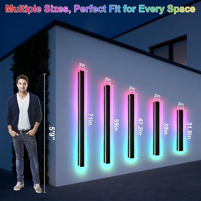47 in Modern Outdoor Wall Light, Waterproof Long Wall Sconce Musical Rhythm, LED RGB/White/Dimmable, Exterior Wall Light with Remote App for Party Gathering Outside Decor