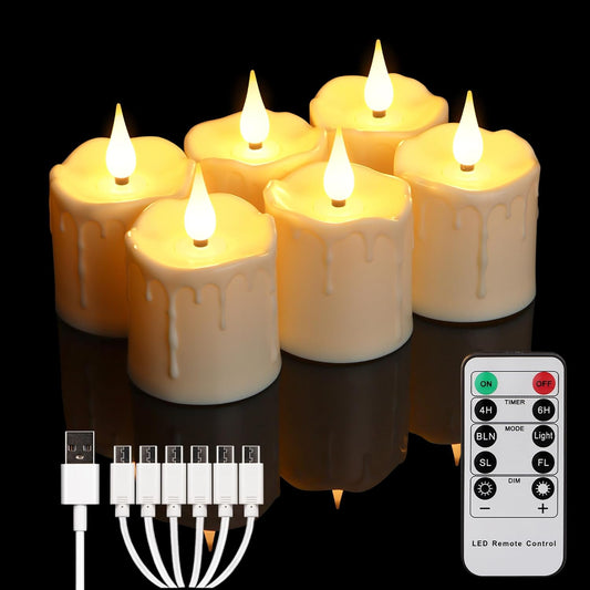 FREEPOWER Rechargeable Flameless LED Votive Candles with Timer Remote - 2'' x 3'' Waterproof Flickering Tealights Candle - Battery Operated Pillar Candles for Wedding, Party and Holiday Decor - 6PCS