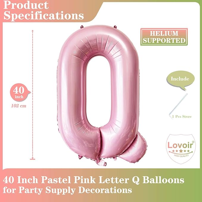 Pink Letter Q Balloons, 40 Inch Pastel Pink Letter Balloons Q Foil Mylar Helium Pink Letter Balloons for Birthday Party Supplies Anniversary Event Celebration Decorations Alphabet Pink Q