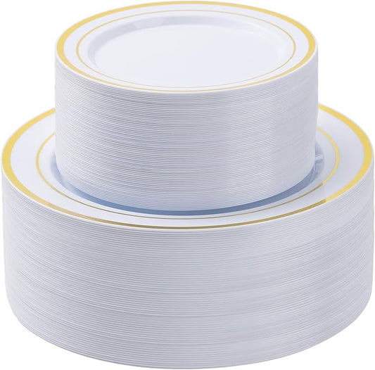 BESTSTAR 100PCS White Plastic Plates Set with Gold Rim, 50 10.25 inch Heavy Duty Dinner Plate and 50 7.5 inch Dessert Appetizer Plates, Premium Disposable Plates for Party, Wedding, Birthday